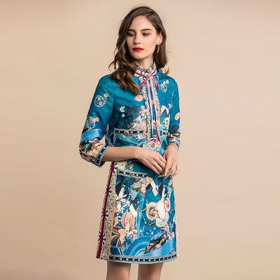 Classy Vintage Print Blouse & Skirt Set