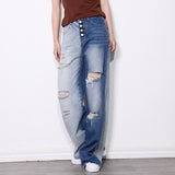 Distressed High-waist 2-tone washed denim pants