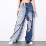 Distressed High-waist 2-tone washed denim pants