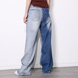 Distressed High-waist 2-tone washed denim pants