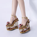 Blooming Goddess Caged Heel Wedge Sandals