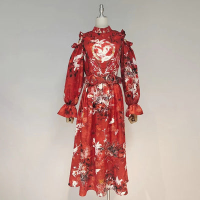 Oriental Print Ruffled Midi Dress