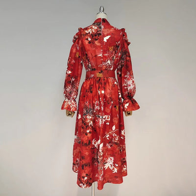 Oriental Print Ruffled Midi Dress