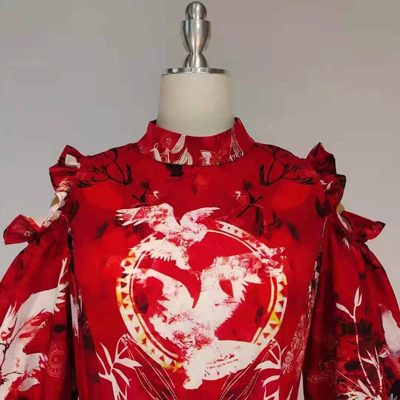 Oriental Print Ruffled Midi Dress