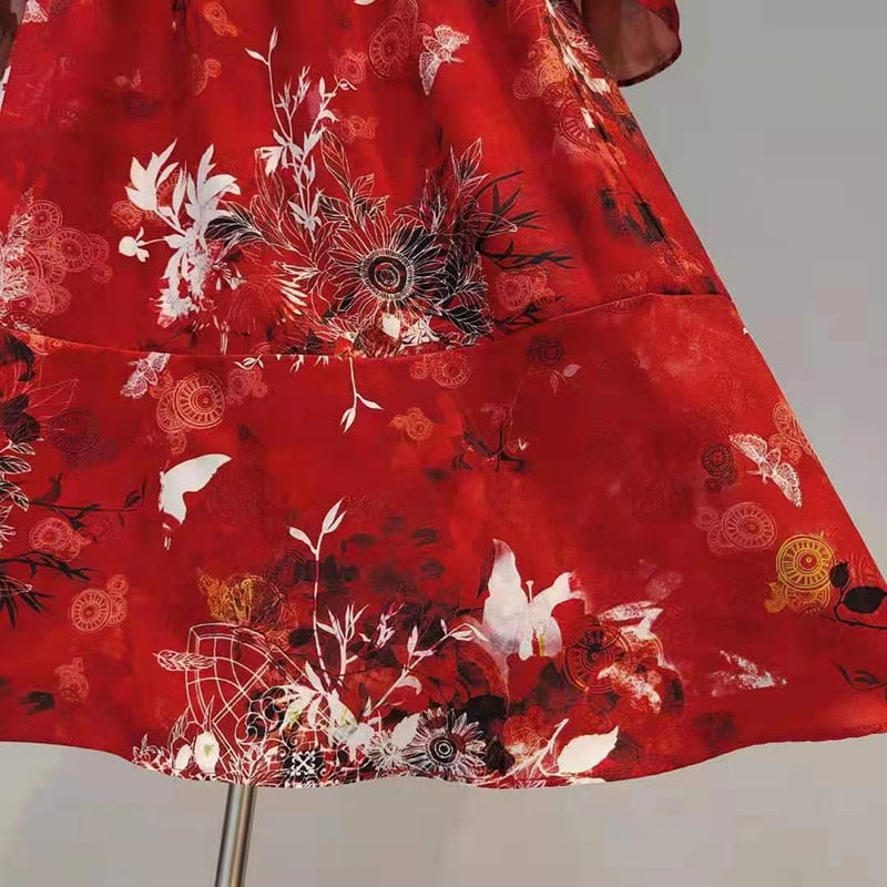 Oriental Print Ruffled Midi Dress
