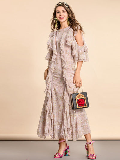 JANNETTE Ruffled Embellished Low Back Maxi Dress