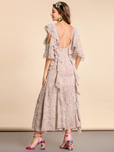 JANNETTE Ruffled Embellished Low Back Maxi Dress