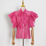 Flutter Sleeve Bow-tie Neck Blouse in colors