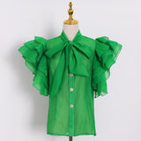 Flutter Sleeve Bow-tie Neck Blouse in colors