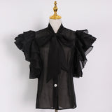 Flutter Sleeve Bow-tie Neck Blouse in colors