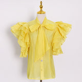 Flutter Sleeve Bow-tie Neck Blouse in colors