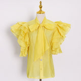 Flutter Sleeve Bow-tie Neck Blouse in colors