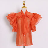 Flutter Sleeve Bow-tie Neck Blouse in colors