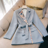 Belted Blazer with Printed Lapel Accent in colors