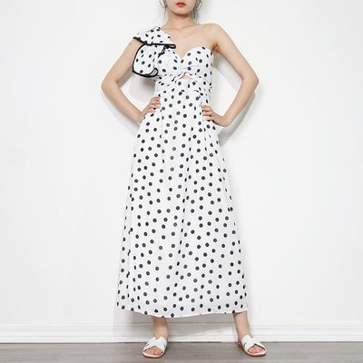 Polkadot Print One-Shoulder Maxi Dress