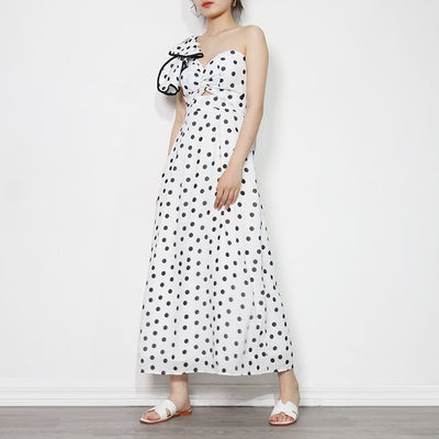 Polkadot Print One-Shoulder Maxi Dress