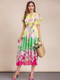 AMOR Tri-color Floral Print Midi Dress