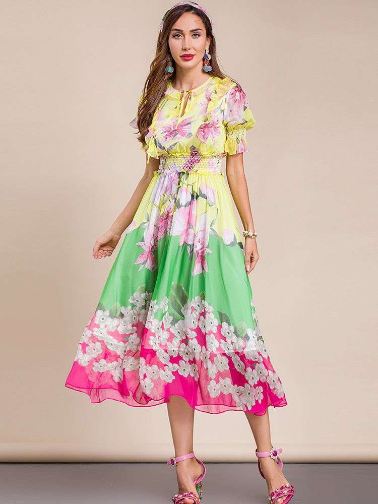 AMOR Tri-color Floral Print Midi Dress