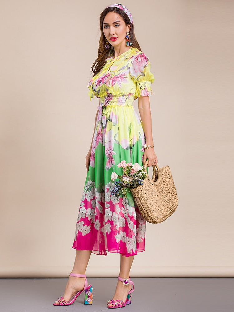 AMOR Tri-color Floral Print Midi Dress