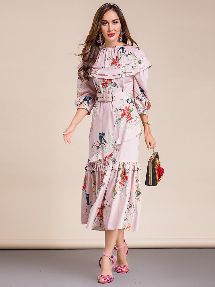 ARIELLE Classy Floral Print Midi Dress