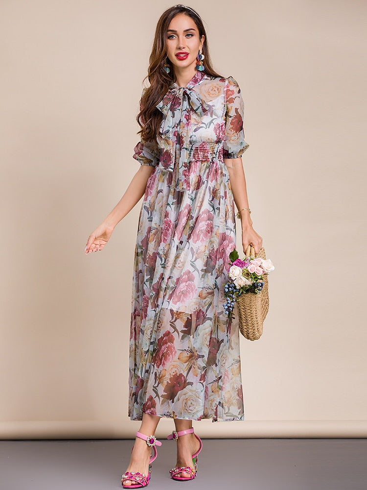 DIXIE Floral Print Smocked Waist Maxi Dress
