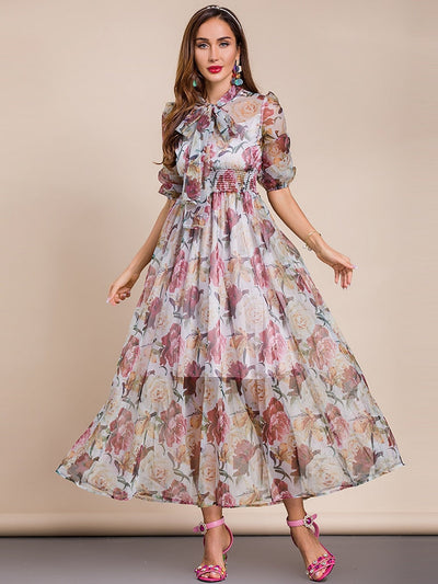 DIXIE Floral Print Smocked Waist Maxi Dress