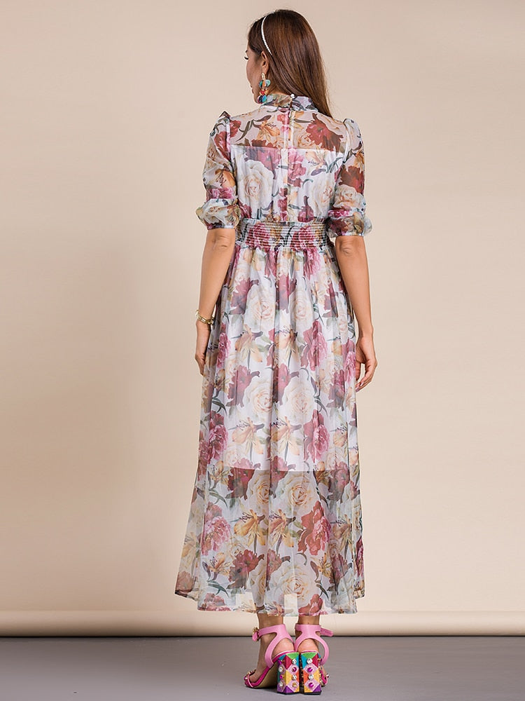 DIXIE Floral Print Smocked Waist Maxi Dress