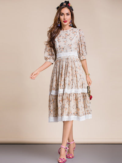 DANIELA Lace Trimmed Floral Midi Dress