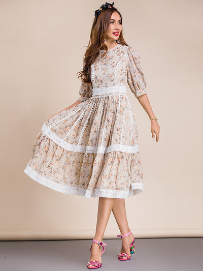 DANIELA Lace Trimmed Floral Midi Dress