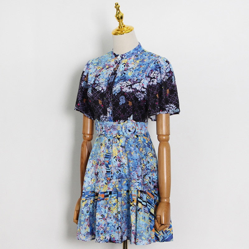 Printed Button-front Belted Mini Dress