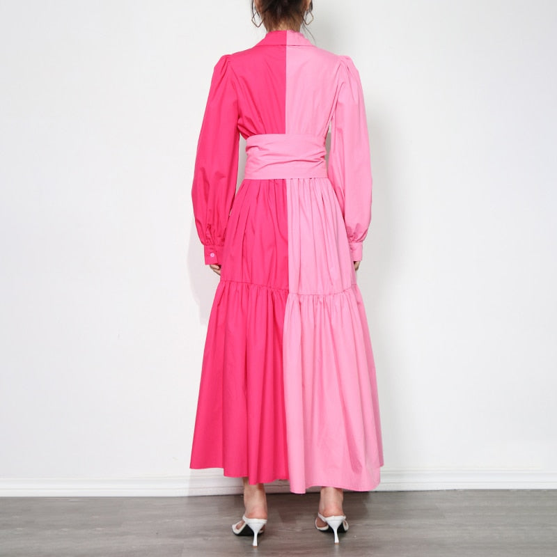 Pink Color-block Buttonfront Maxi Dress