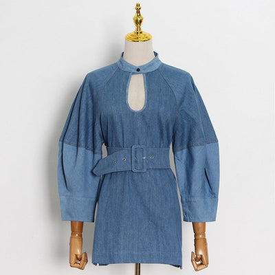 Keyhole Neck Belted Denim Blouse