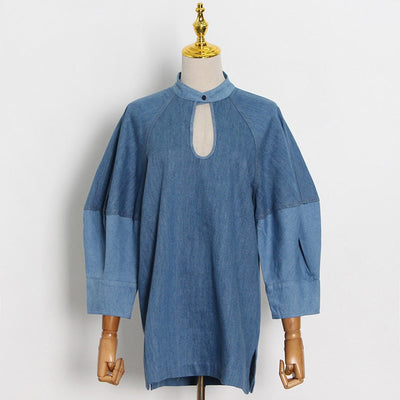 Keyhole Neck Belted Denim Blouse
