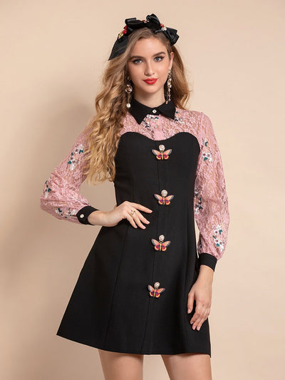 Baby doll patchwork embroidered black mini dress
