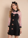 Baby doll patchwork embroidered black mini dress