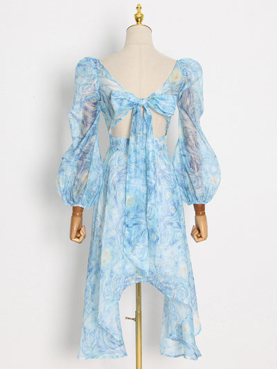 Dreamy Blue Tie-dyed Print Midi Dress