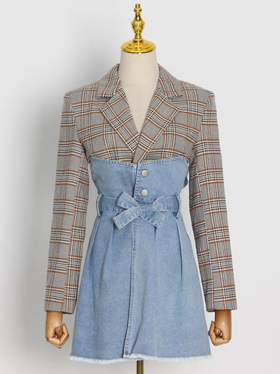 Gingham patchwork lapel tunic