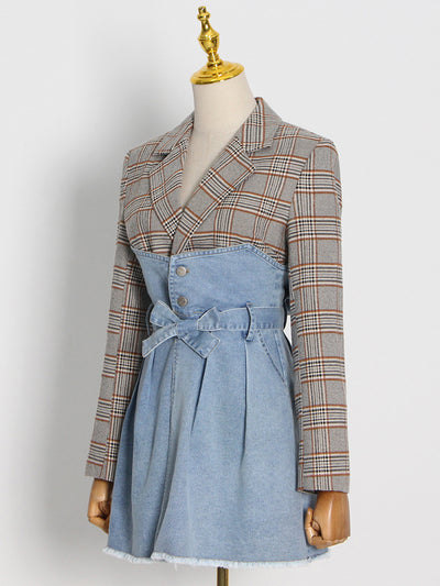 Gingham patchwork lapel tunic