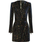 Long-sleeved blingy mini black dress