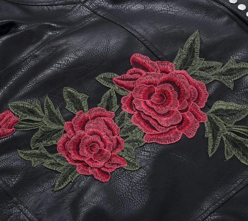 Eco leather floral appliqued biker jacket