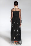 Embroidered black maxi dress with mesh sleeves