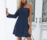 SLOANE striped one-shoulder navy blue dress