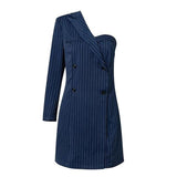 SLOANE striped one-shoulder navy blue dress