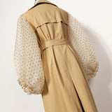 Lantern sleeve polka dot trench coat in beige