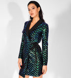 EYES-ON-ME SEQUINED WRAP PARTY MINI DRESS IN GREEN