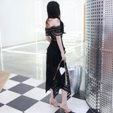 Rita asymmetric off-shoulder midi dress in black