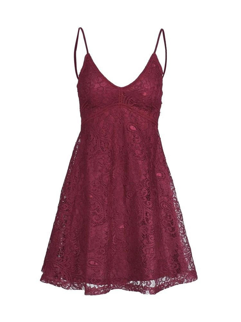 Spaghetti strap lace mini dress in burgundy