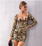 Black'n'gold long-sleeved mini dress with sequined patchwork