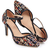 Plaid tweed buckled heels