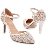 Plaid tweed buckled heels